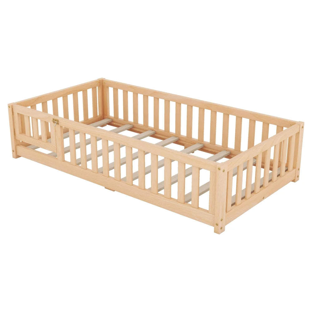 Twin Size Montessori Floor Bed with Guardrails and Door H896