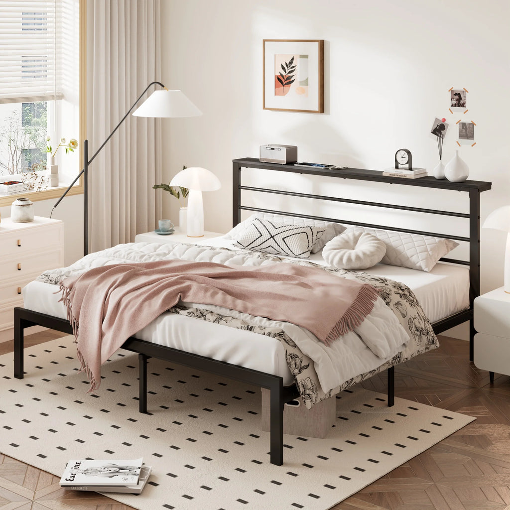 Queen Size Metal Platform Bed Frame with Brown Shelf Headboard N250