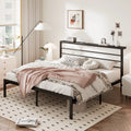 Queen Size Metal Platform Bed Frame with Brown Shelf Headboard N250