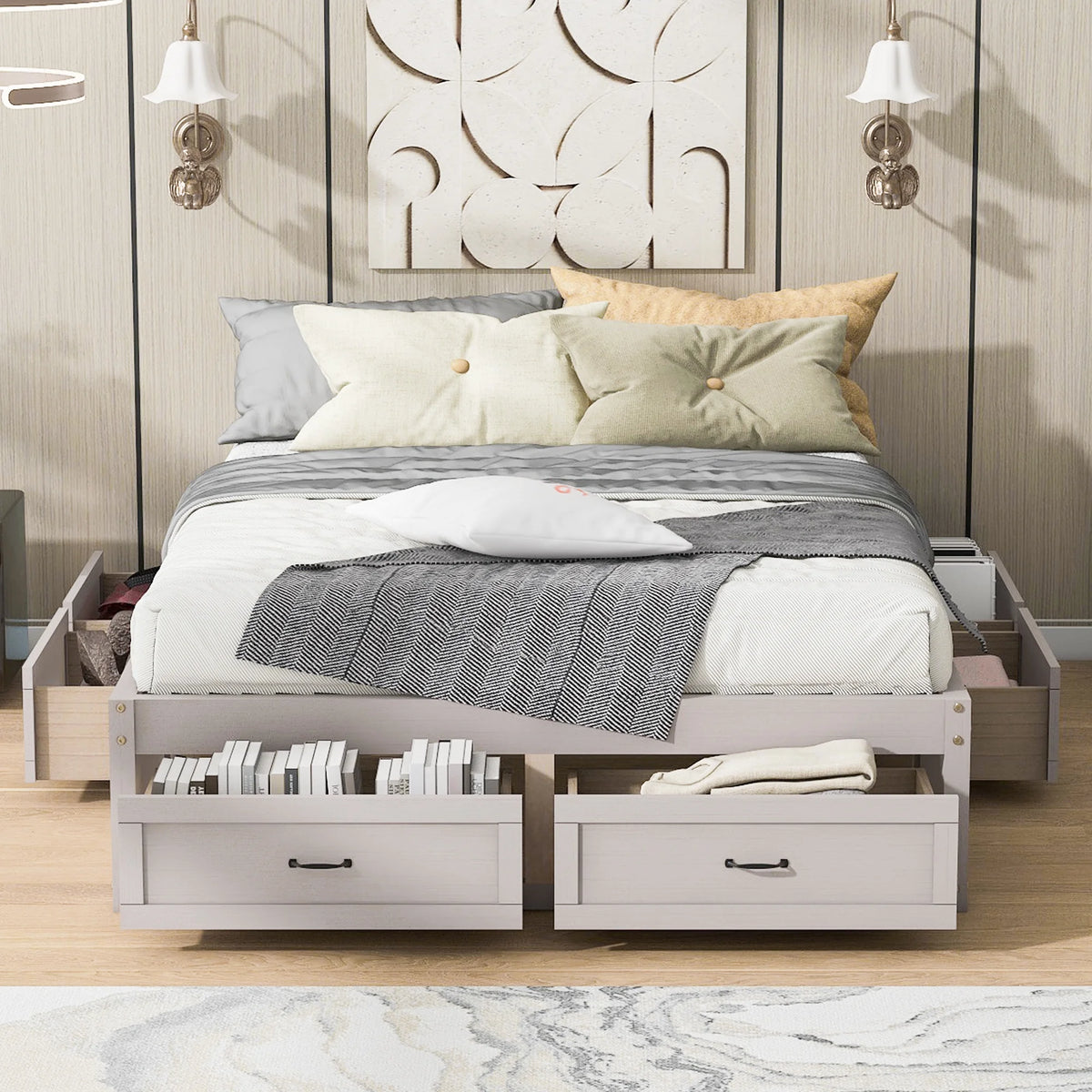 Wood Queen Size Platform Bed with 6 Drawers T31509