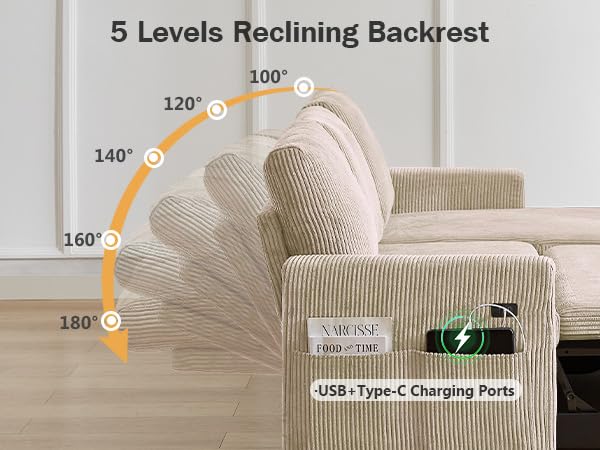 Beige Corduroy L Shaped Sleeper Sofa with Storage Chaise G43945