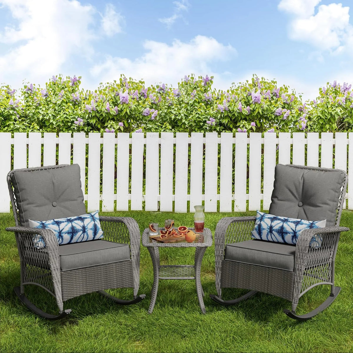 3-Piece Wicker Outdoor Rocking Chairs with Cushions and Table P340
