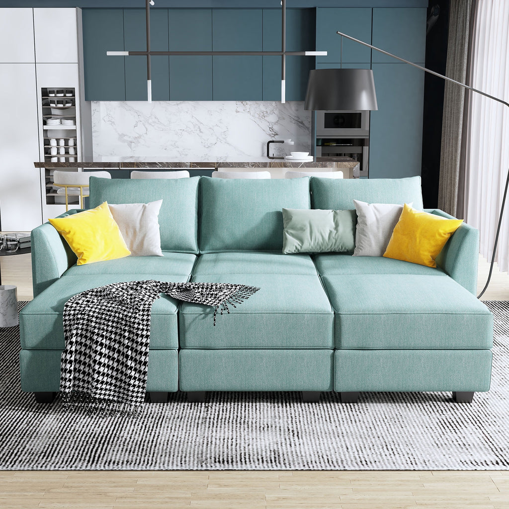 Aqua Blue Fabric Sleeper Sectional Sofa Bed with Storage Ottomans Z13286