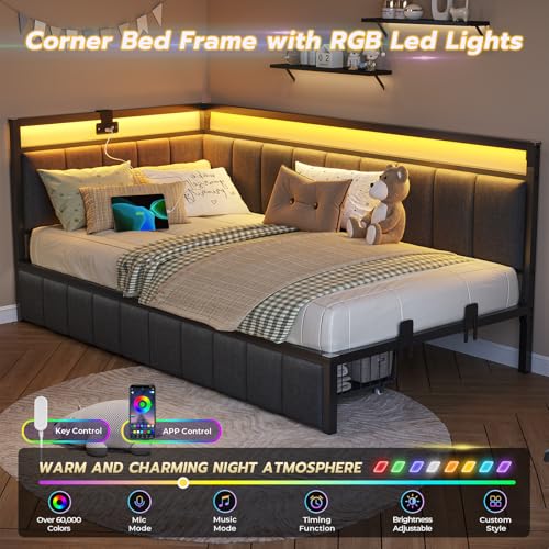 Full Size Corner Bed Frame with 2 Storage Drawers and Charging Station B107722