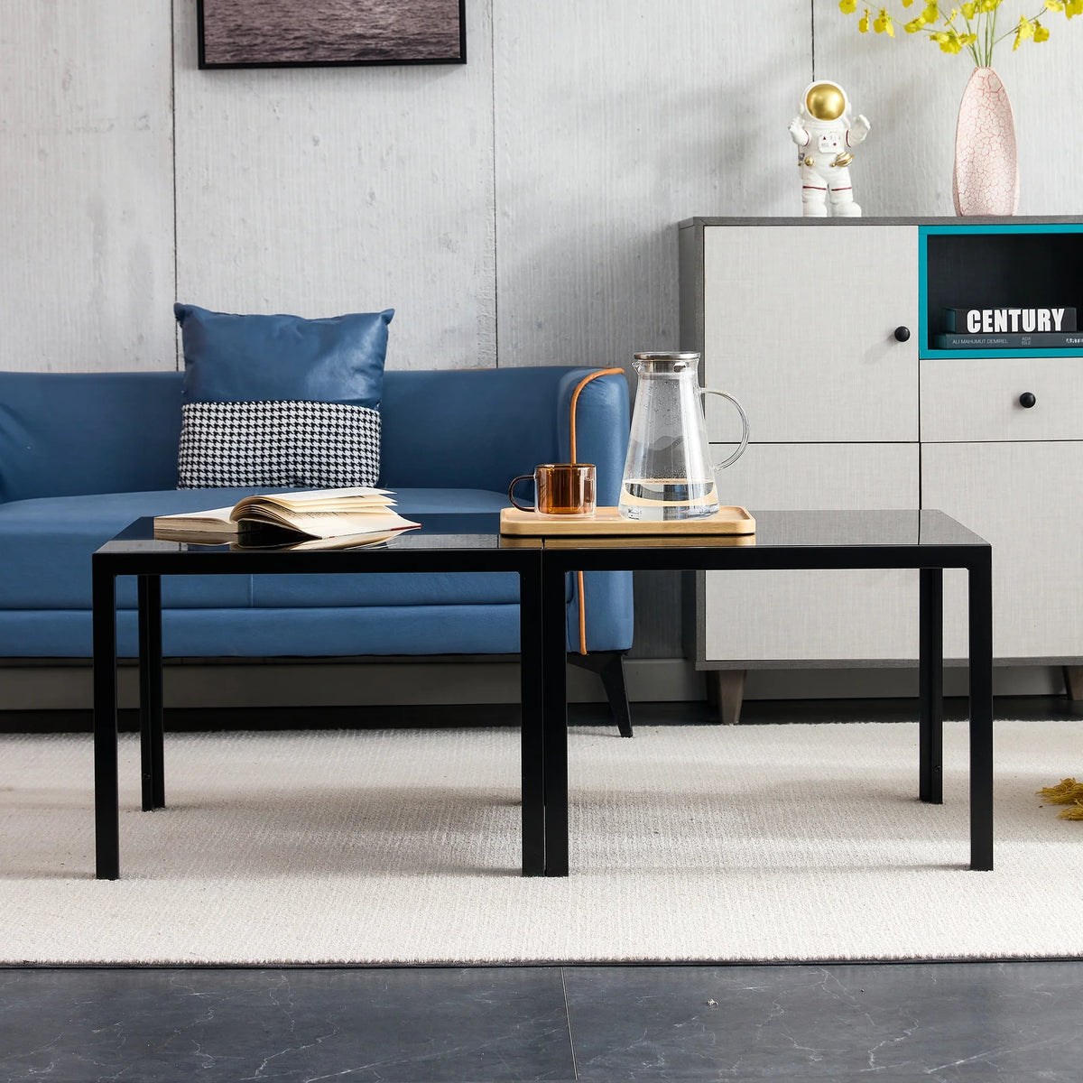 Coffee Table Set of 2 Black Tempered Glass D4549