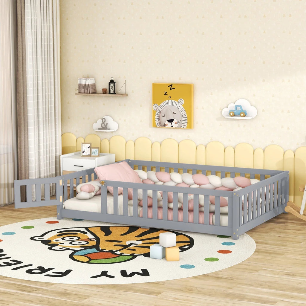 Twin Size Montessori Floor Bed with Guardrails and Door H896