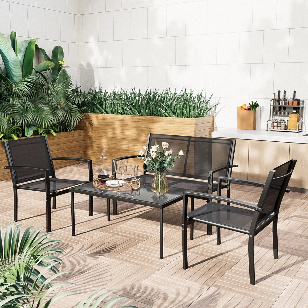 4 Pieces Textilene Steel Outdoor Furniture Set with Loveseat Tea Table I831178