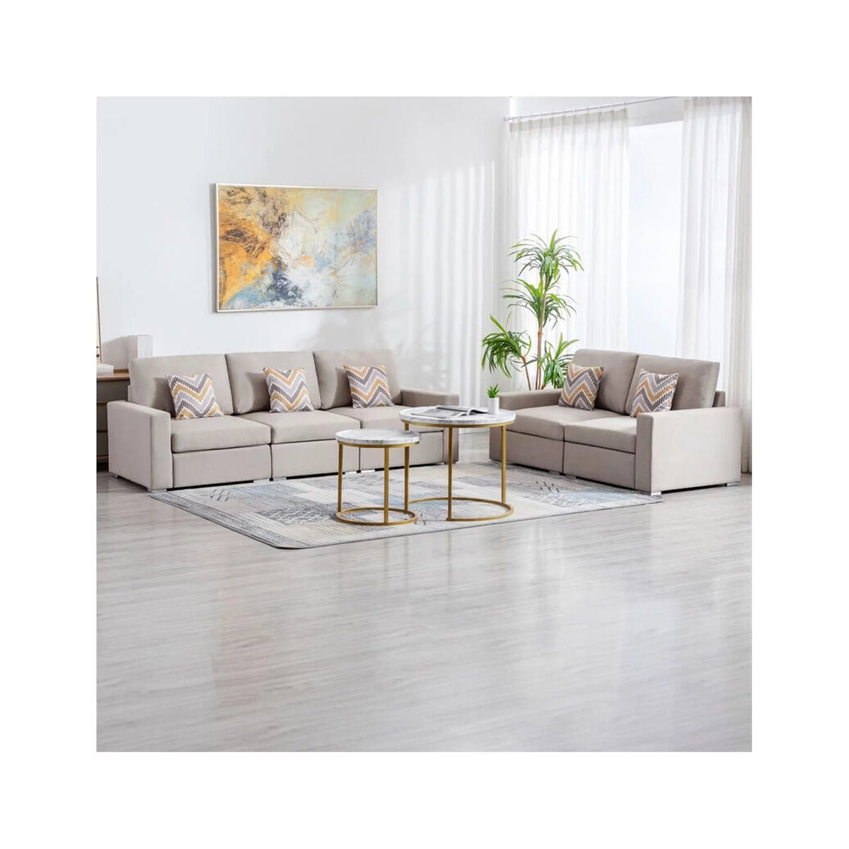 Beige Linen Fabric Sofa and Loveseat Living Room Set T1087