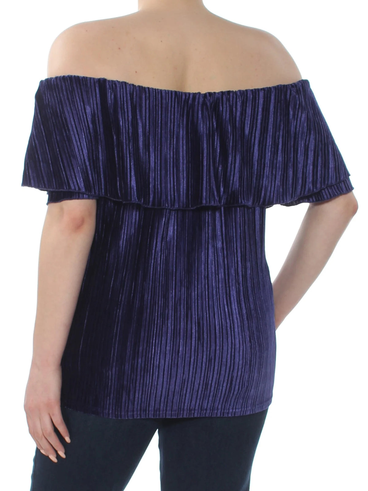 Blue Textured Short Sleeve Off Shoulder Top T7866