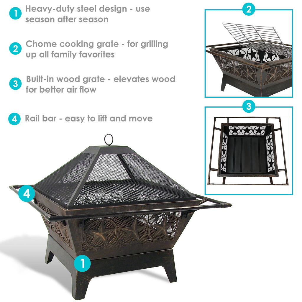 32 Square Outdoor Fire Pit with Cooking Grate & Spark Screen W685