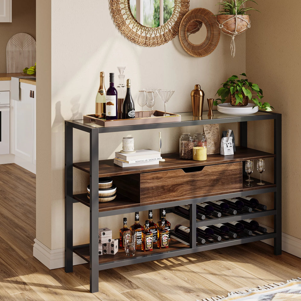 Glass Top Console Table with Wine Rack & Storage Cabinet W99968