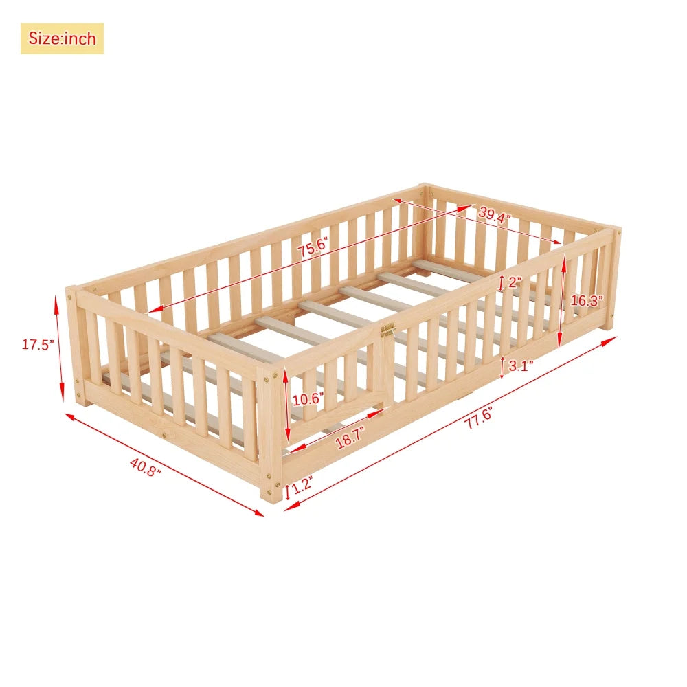 Twin Size Montessori Floor Bed with Guardrails and Door H896