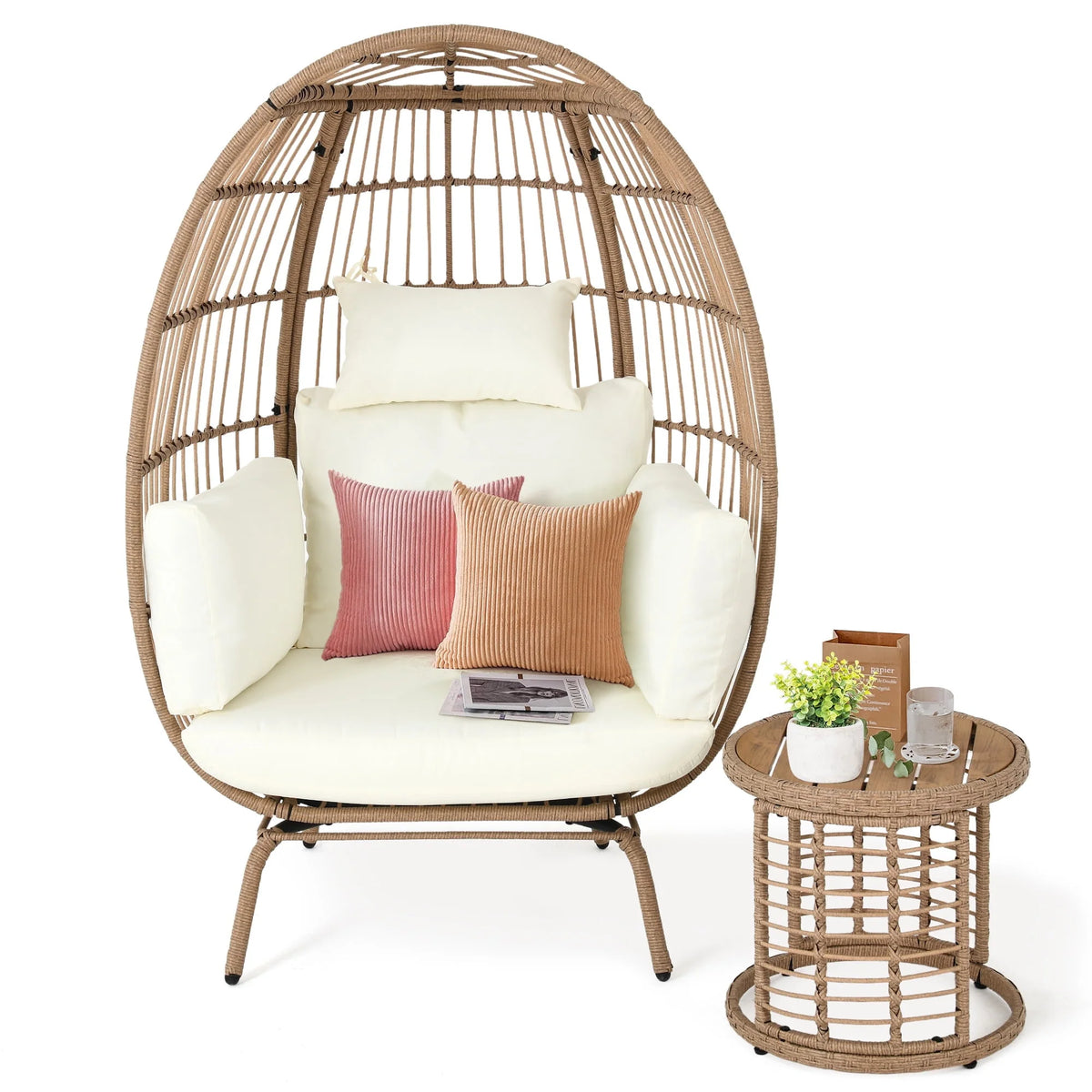 Oversized Wicker Egg Chair with Stand and Cushions N668