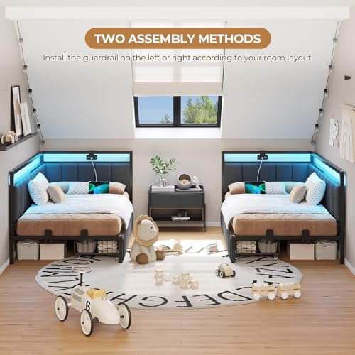 Full Size Corner Bed Frame with 2 Storage Drawers and Charging Station B107722