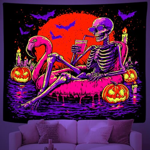 Blacklight UV Reactive Skeleton Pumpkin Bat Tapestry 90x70In Q9694