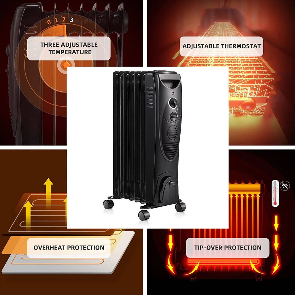Oil Filled Radiator Heater Portable Electric Heater with 3 Heat Settings Black T625935