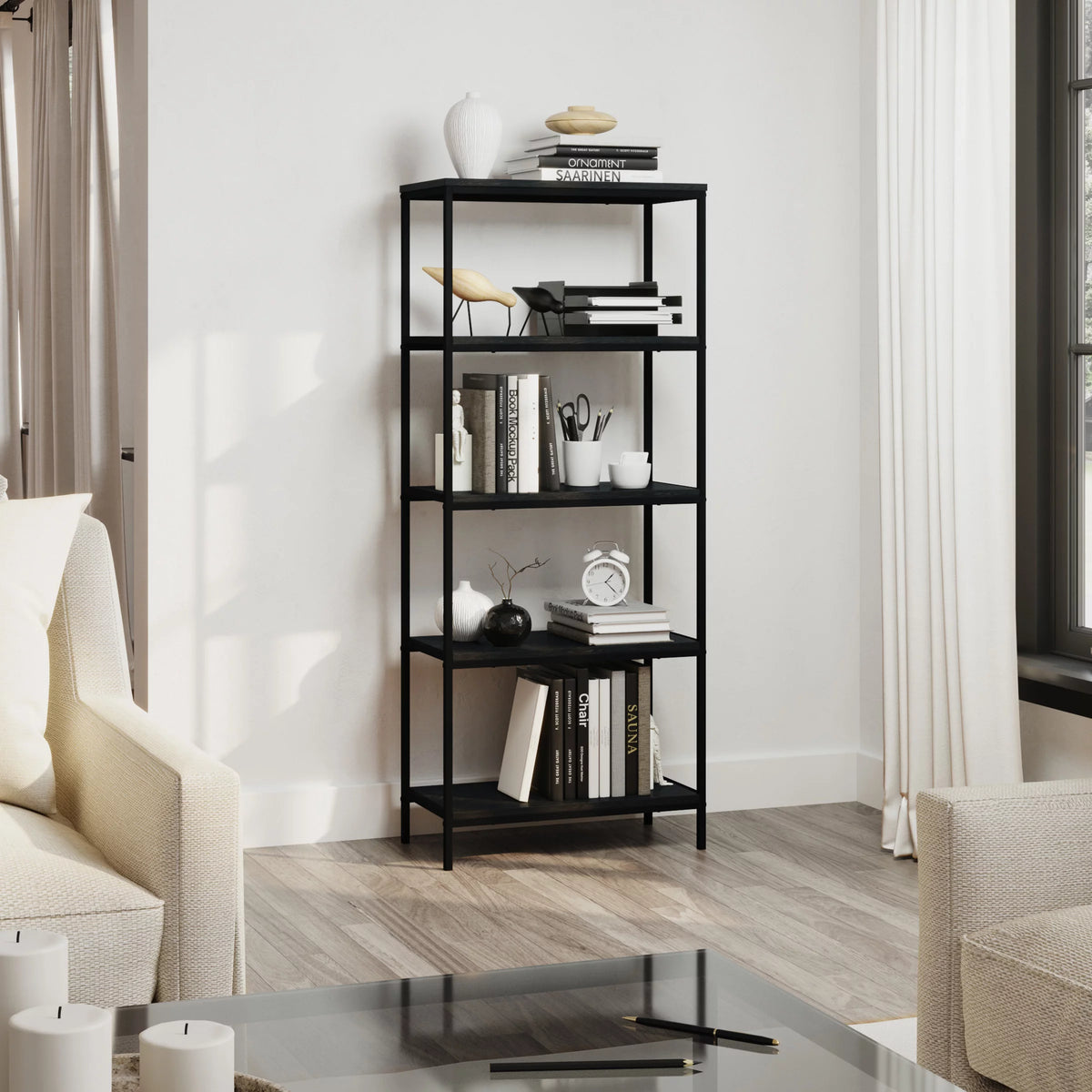 5-Tier Black Woodgrain Bookshelf M38637