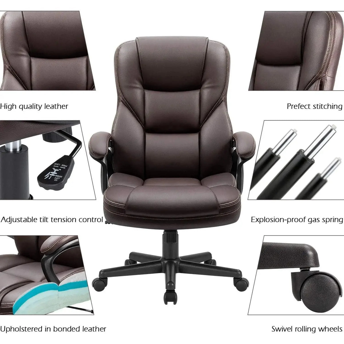Brown Faux Leather High-Back Office Chair with Lumbar Support V54710