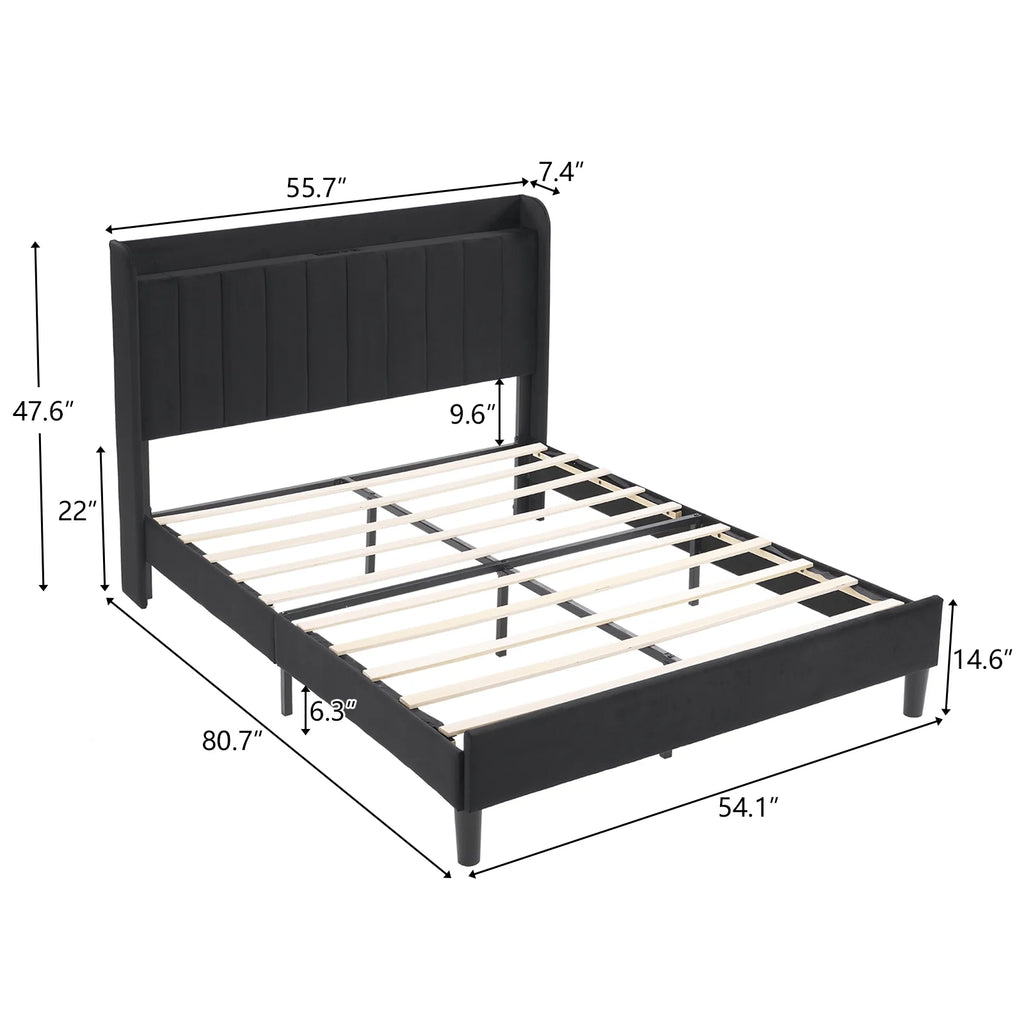 Queen Bed Frame with Charging Station, Upholstered Headboard, Wood Slat Support U925640